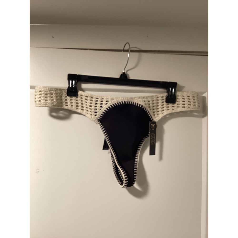 Victorias Secret Archives Swim Thong Bikini Bottom Black Cream Crochet XL NEW